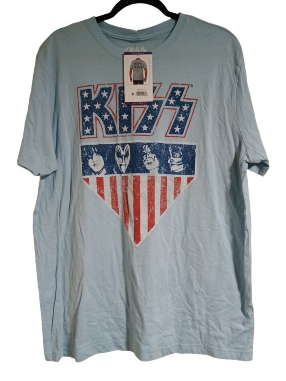 Kiss Light Blue Short Sleeve Tee with Red, White & Blue Graphic NWT